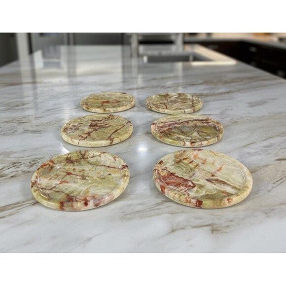 Green Onyx Coaster Set - 6 Natural Stone Coasters + Holder, Handmade Marble set - Picture 2 of 10